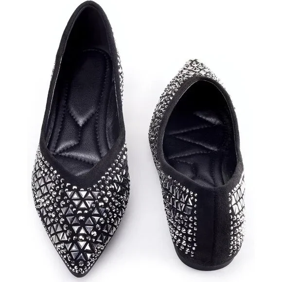 Women's Flat Comfortable Pointed Rhinestone Ballet Flats Soft Memory Foam Insole - Picture 4 of 6